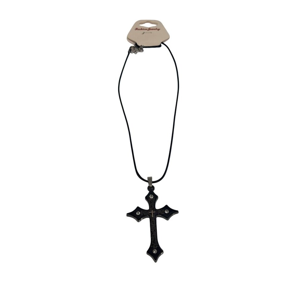 New Black Spanish Lord's Prayer Cross Pendant Necklace Statement Jewelry on Card - Picture 5 of 8